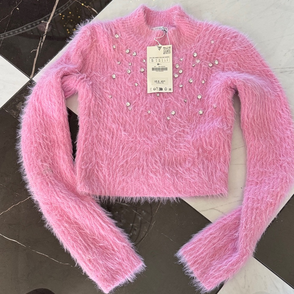 Zara Pink Fuzzy Sweater with Crystal Accents
